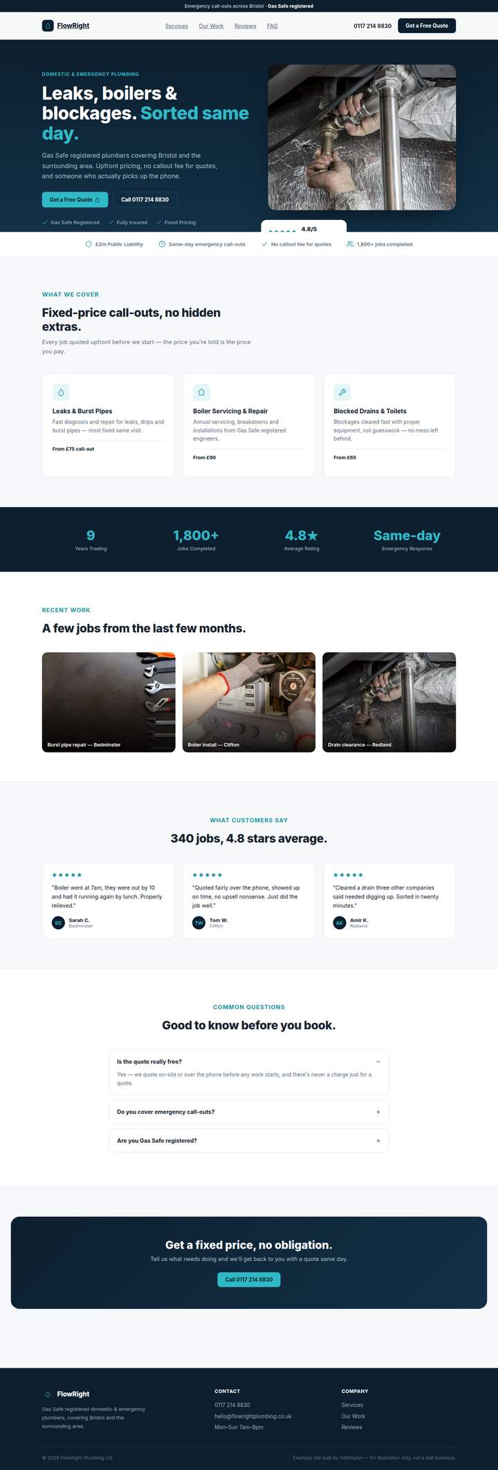 Screenshot of the FlowRight Plumbing example site