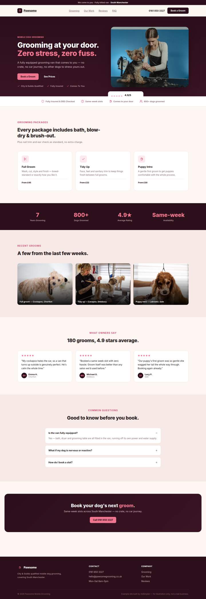 Screenshot of the Pawsome Mobile Grooming example site