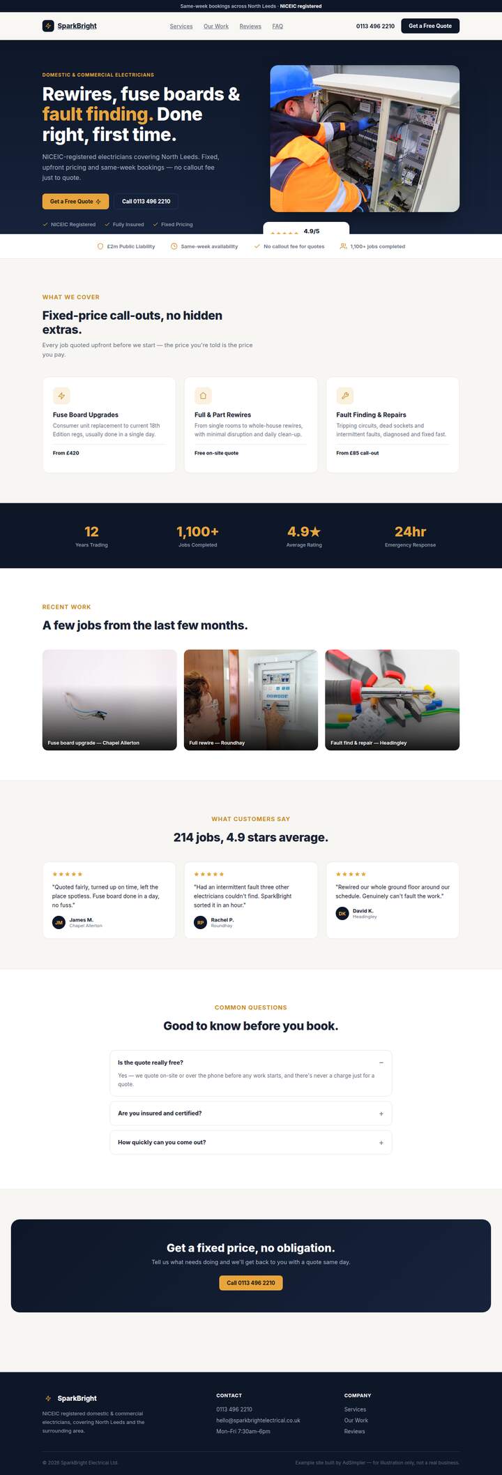 Screenshot of the SparkBright Electrical example site