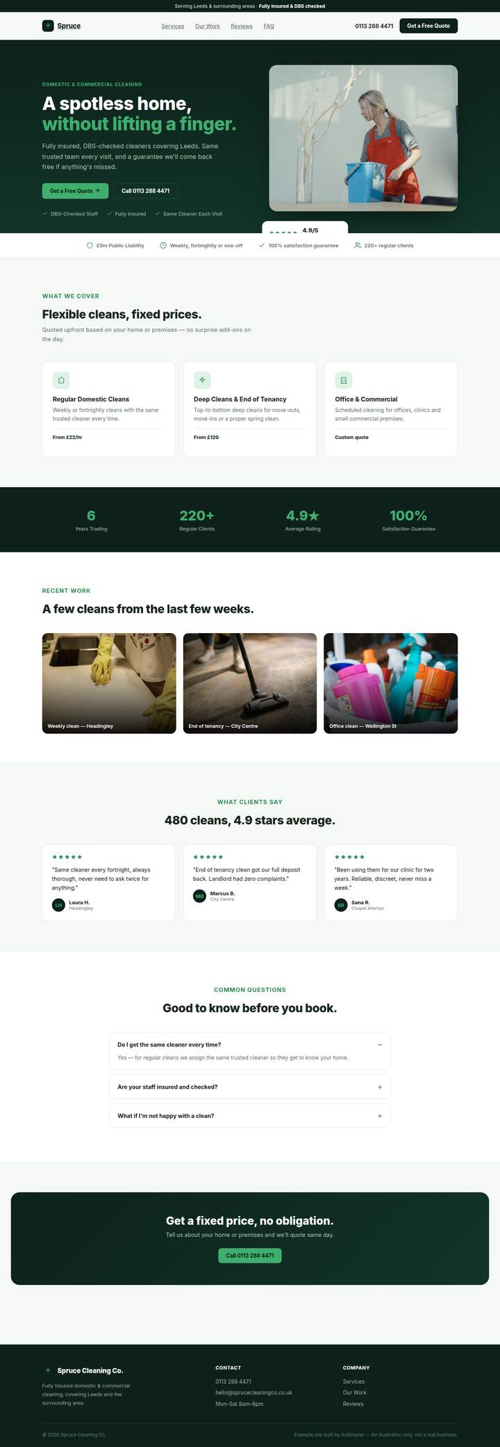 Screenshot of the Spruce Cleaning Co. example site