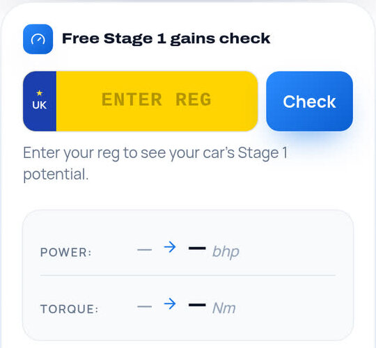 The Free Stage 1 gains check on the Midland Motive Performance website: a yellow UK number plate box with a Check button, and power and torque results underneath